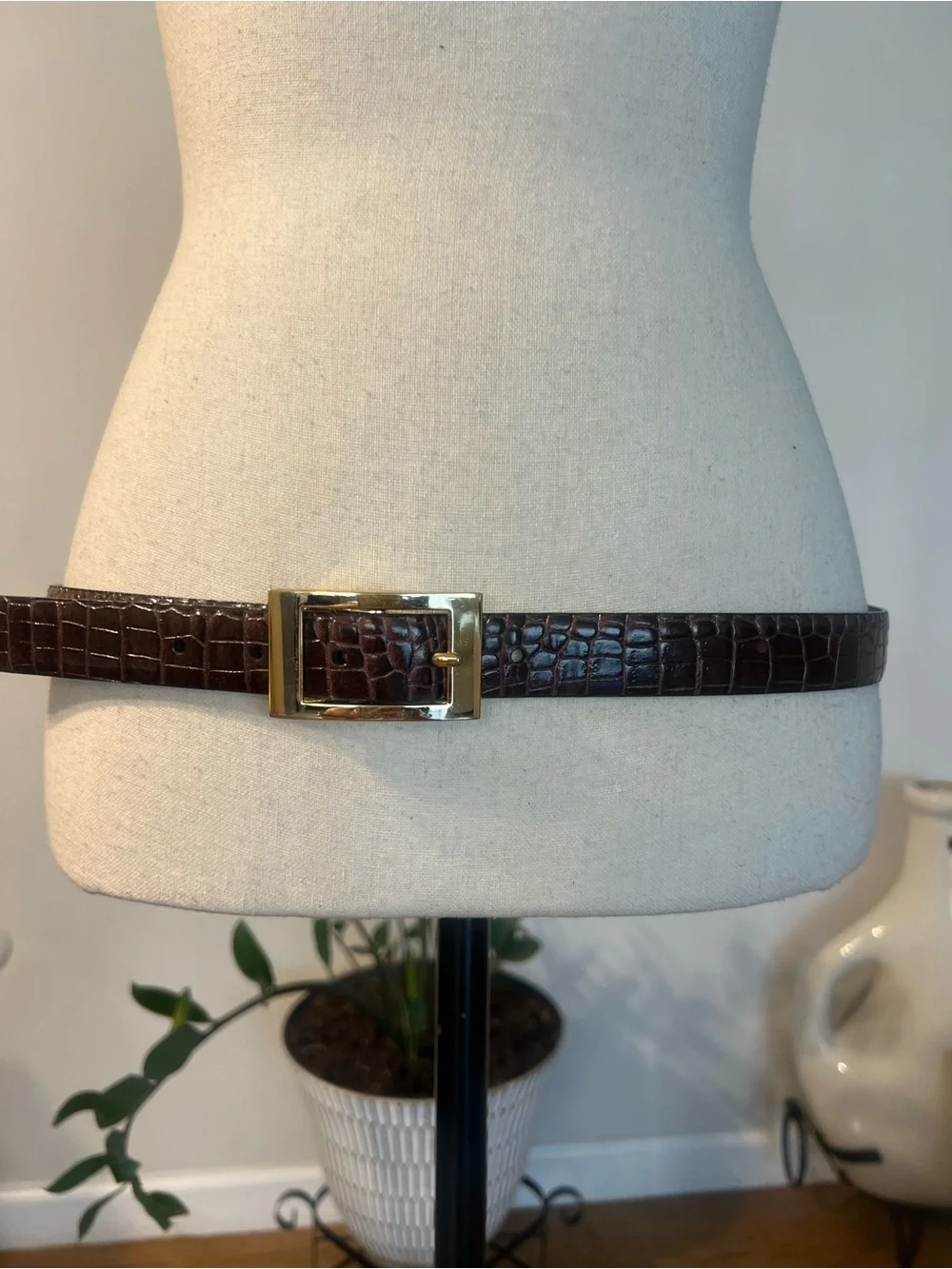 Brown Croc-Embossed Leather Belt with Gold Buckle